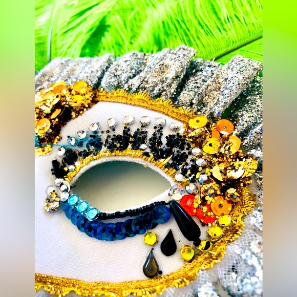 Beaded eye mask grn ostrich feathers Carnevale Masquerade Mardi Gras Halloween - Picture 11 of 16
